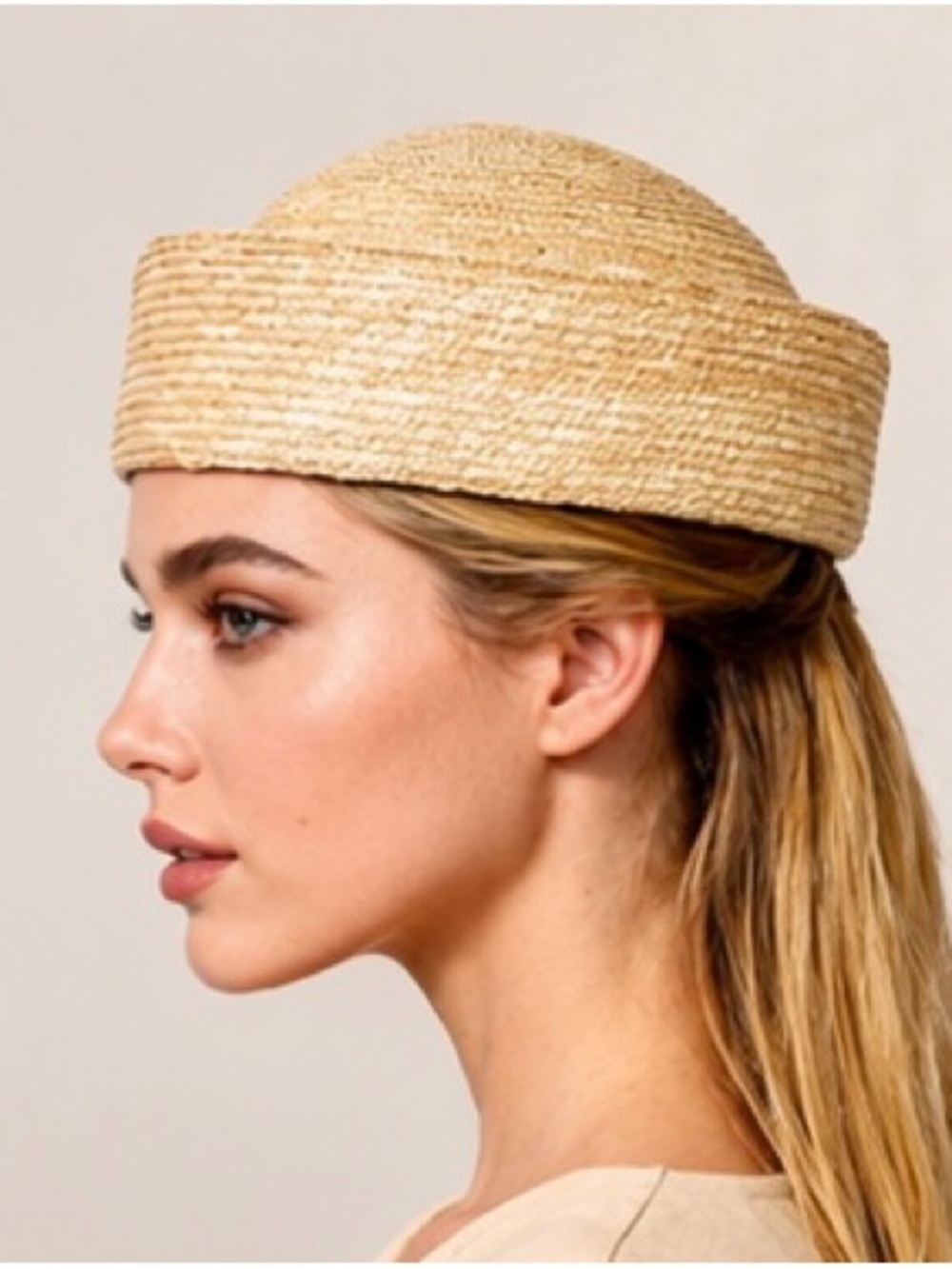 Beige Woven Pillbox Hat Vintage Style Women’s Cap